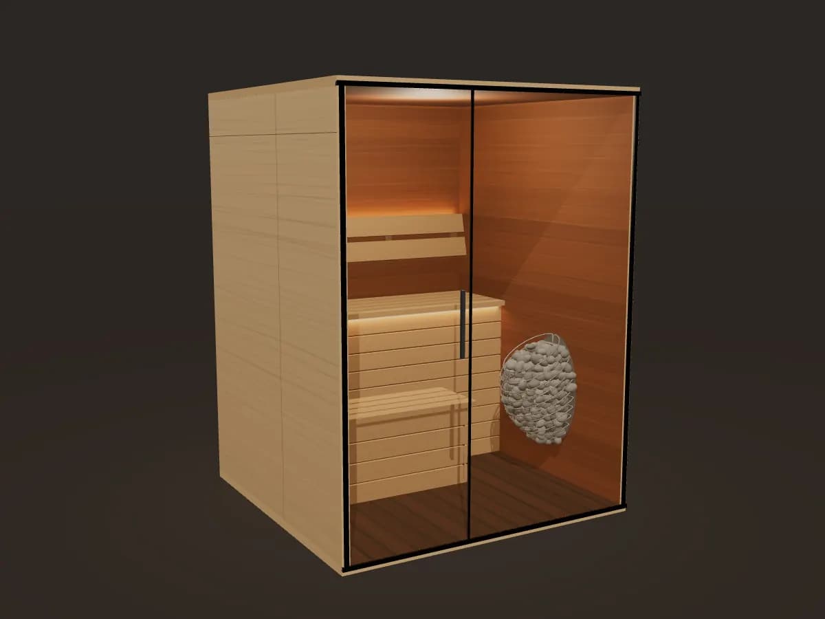 A 3D design render of an indoor sauna