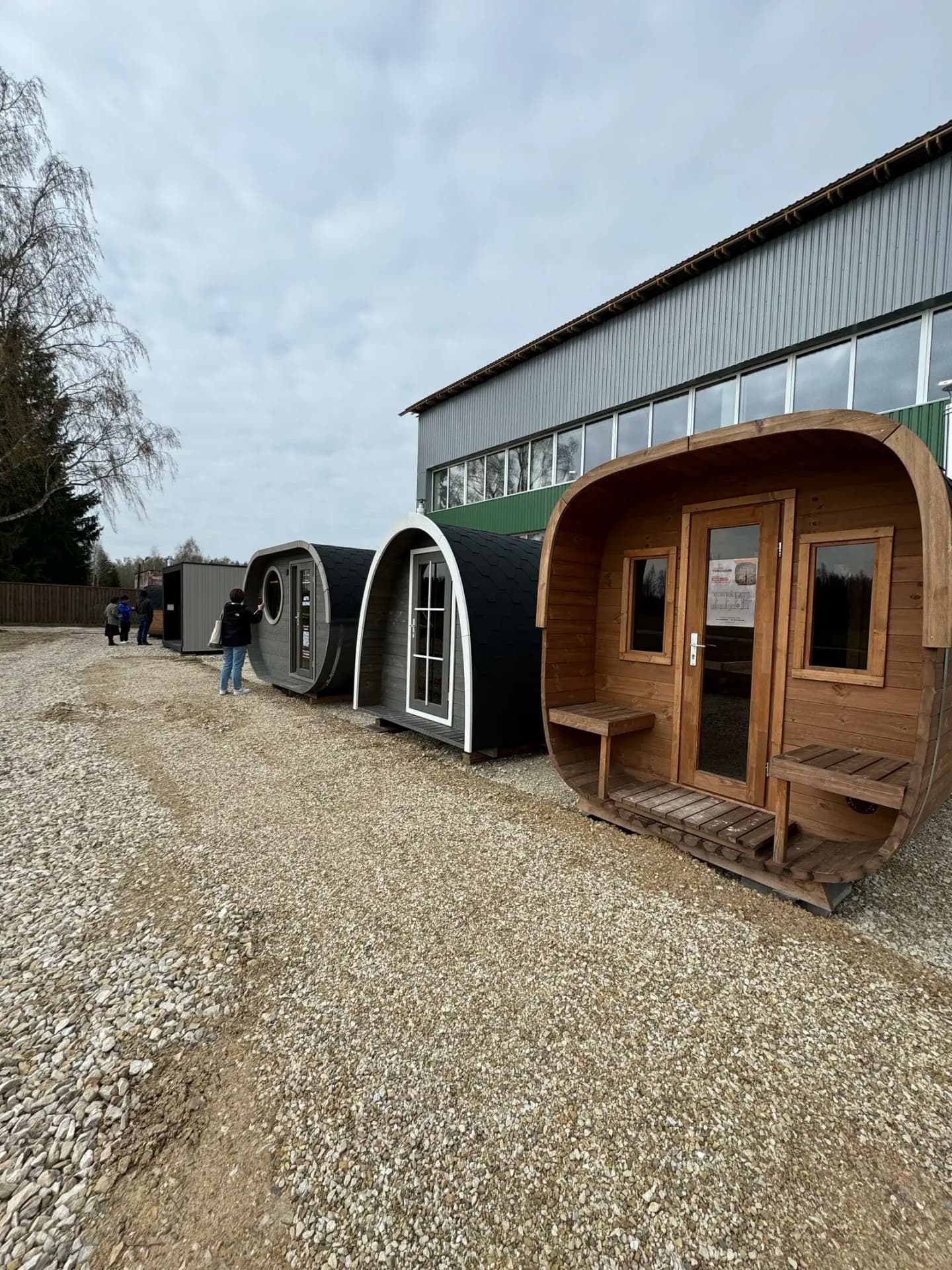 Finished sauna cabins in a workshop yard